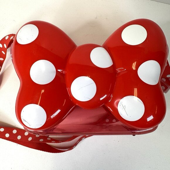 Disney Tokyo Japan Popcorn Bucket Minnie Mouse Bow Red Polka Dot Strap Container - Picture 4 of 9